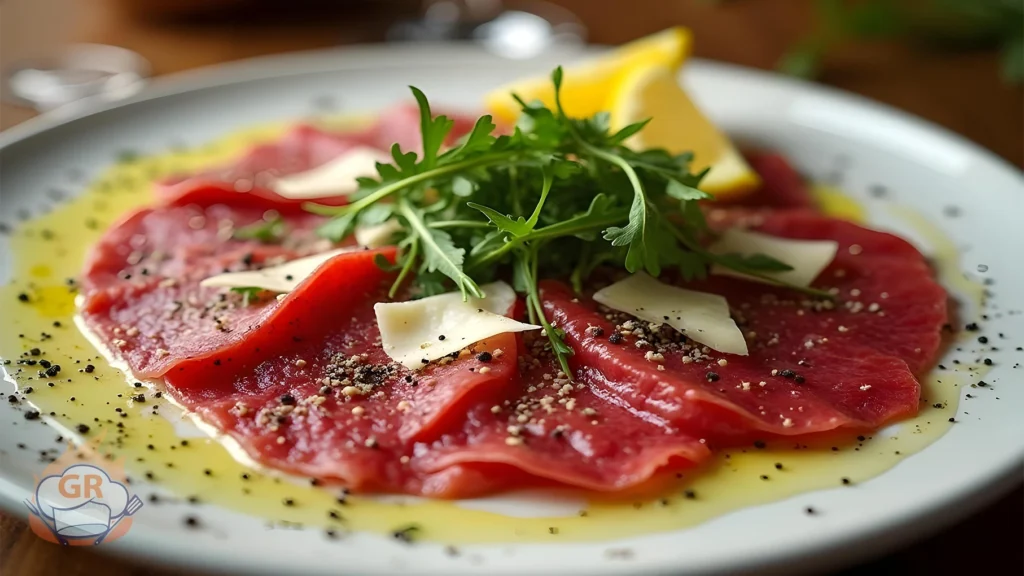 Piatto di carpaccio di manzo con rucola fresca, scaglie di Parmigiano Reggiano e gocce di olio extravergine di oliva