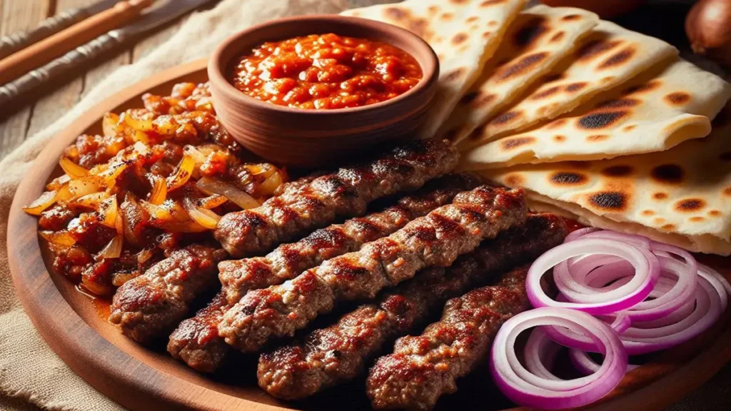 Cevapcici ricetta triestina grigliati con cipolla e salsa ajvar su tagliere rustico