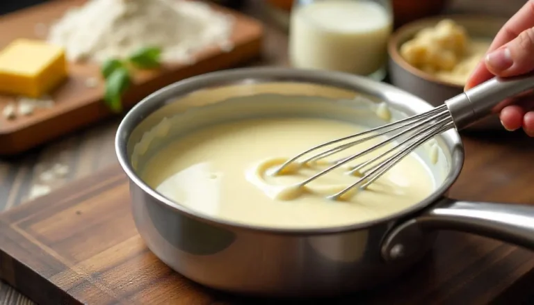 Besciamella ricetta fresca e cremosa in una pentola di acciaio inox, con ingredienti come latte, farina e burro sullo sfondo.