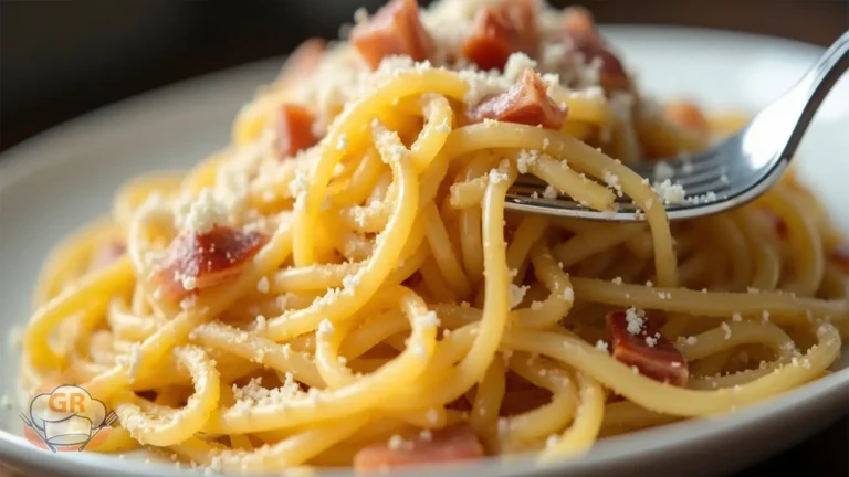 Piatto di spaghetti alla carbonara cremosi con guanciale croccante e pepe nero serviti in un piatto di ceramica rustico.