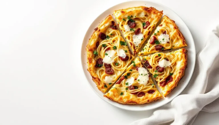 Frittata di pasta al forno dorata, servita su un piatto con insalata fresca