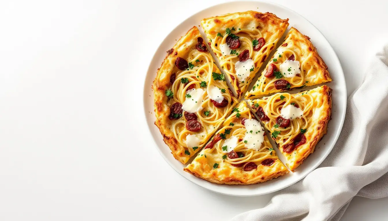 Frittata di pasta al forno dorata, servita su un piatto con insalata fresca