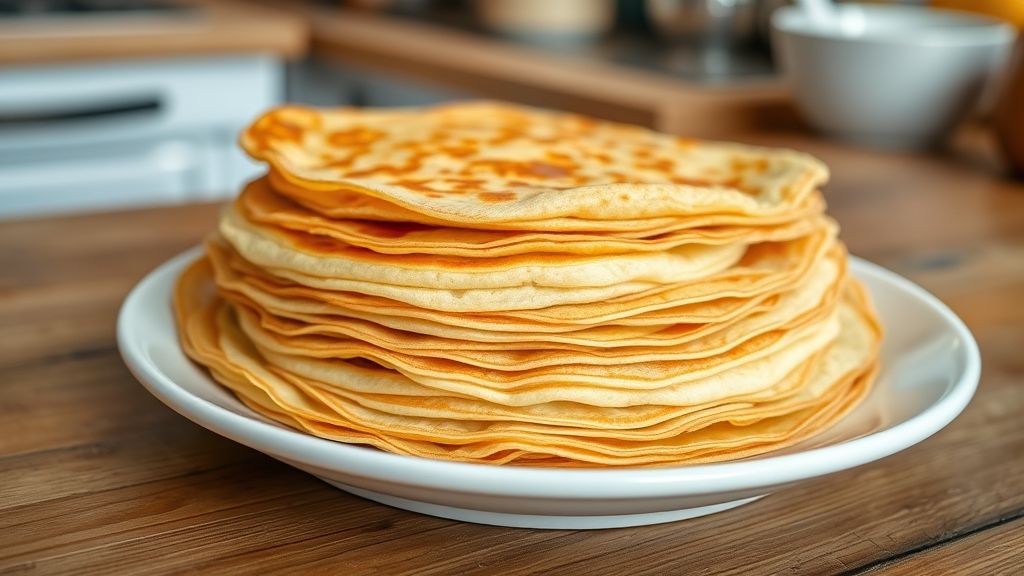 Ricetta base delle crepes - stack di crepes dorate perfette su piatto bianco con ingredienti semplici