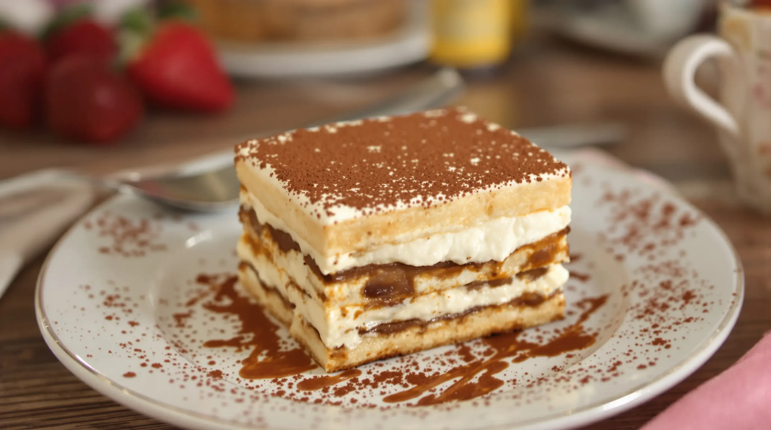 Tiramisù Senza Uova, con strati di mascarpone, savoiardi imbevuti di caffè e una spolverata di cacao.