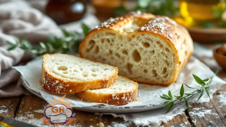 Ciabatta di pane appena sfornata con crosta croccante e alveolatura irregolare.