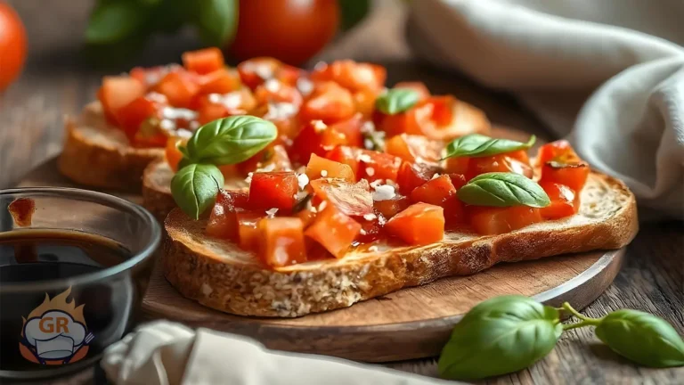 Ricetta Bruschette al pomodoro: un piatto da portata con bruschette guarnite con pomodori freschi a cubetti, basilico e un filo d'olio d'oliva.