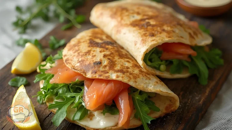 Piadina Salmone e Philadelphia ripiena di salmone affumicato, formaggio cremoso e rucola, servita su un tagliere di legno con limone e capperi.