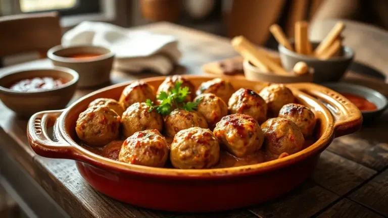 Polpette di carne al forno dorate, servite in una pirofila con prezzemolo fresco e pane rustico accanto.