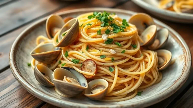 Spaghetti alle Vongole con vongole fresche, aglio, prezzemolo e olio extravergine d’oliva su piatto rustico.